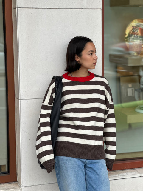 Givéh Stripe Party Sweater – unisex crewneck merino cashmere sweater with contrast red collar, stripe pattern, front view