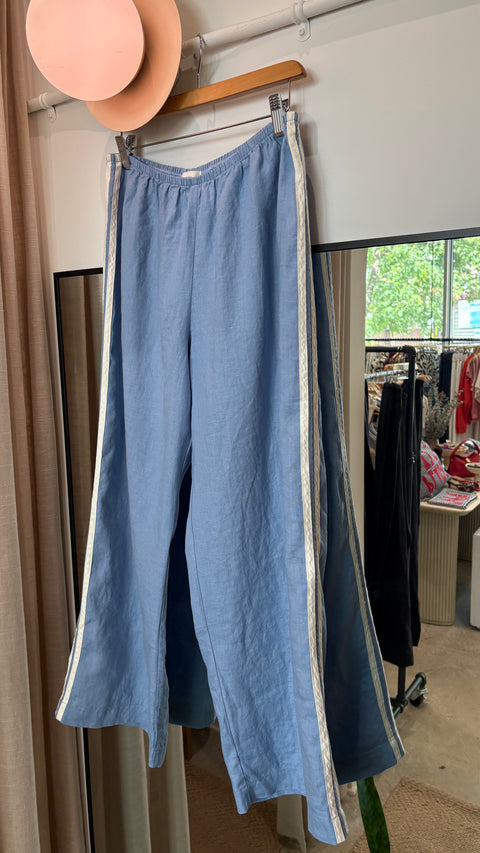DONNI The Linen Crop Racer Stripe Pant | Cornflower Blue