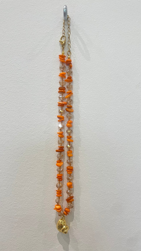Goupi Necklace 10 | Orange Beaded Semiprecious Chips Necklace | Shell