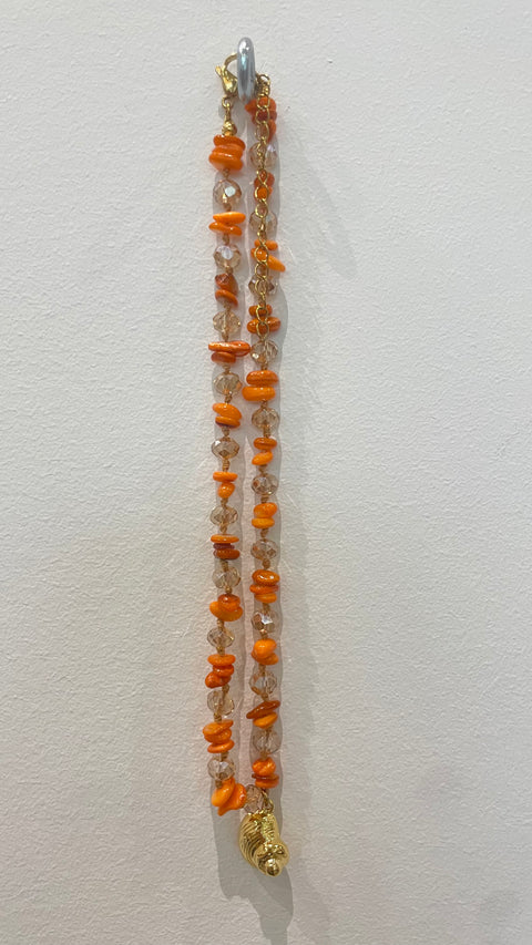 Goupi Necklace 10 | Orange Beaded Semiprecious Chips Necklace | Shell