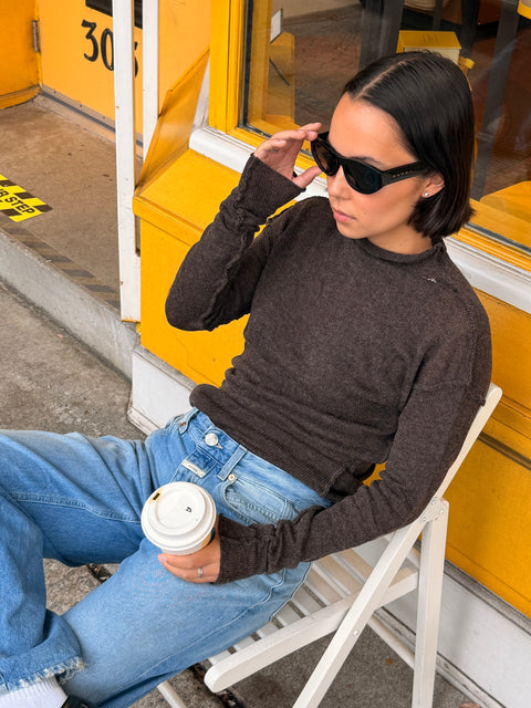 Givéh Coffee Panda Sweater – featherlight mock neck knit sweater with signature embroidery, coffee brown colourway, front view