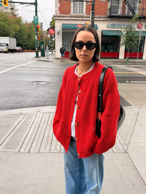 Givéh Red Coco Cardi – chunky oversized button-through cardigan in red with signature embroidery, front view
