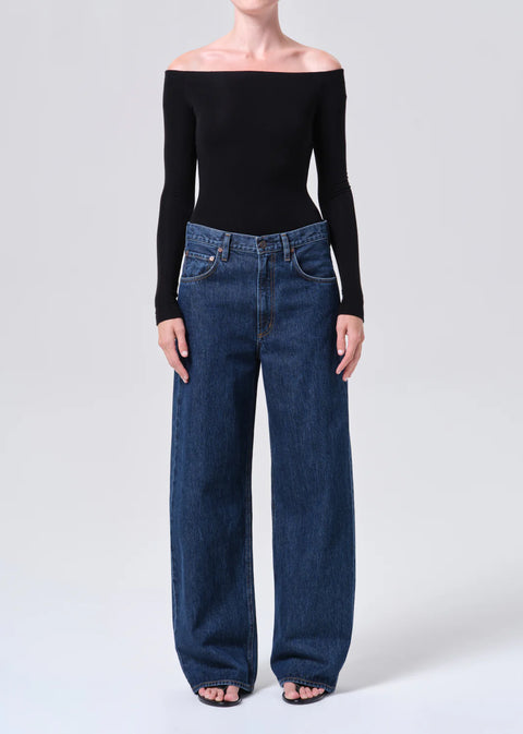 Indigo low curve jeans full front view wide leg silhouette