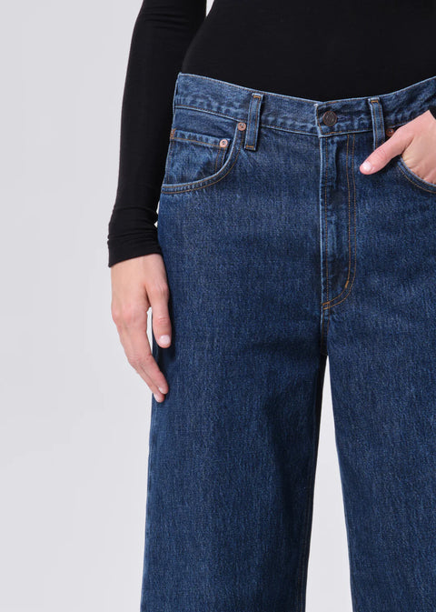 Indigo denim jeans close up waist detail rigid non stretch