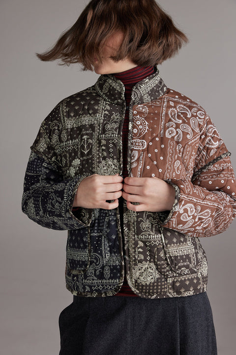 Amente Cotton Patched Quilt Jacket in Brown Black - Women's 100% Cotton Fully Reversible Patchwork Paisley Statement Jacket