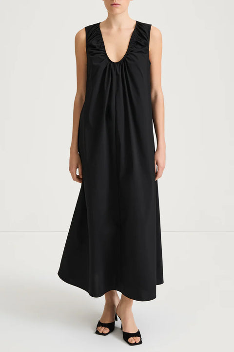 Front view of the Jaisie Dress, a soft cotton blend midi dress featuring a U-neckline and gentle gathering for a flowing silhouette.