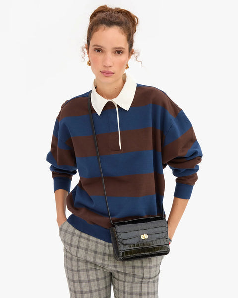 Clare V Kathryn Black Croco crossbody – styled on model, compact structured bag with crossbody strap