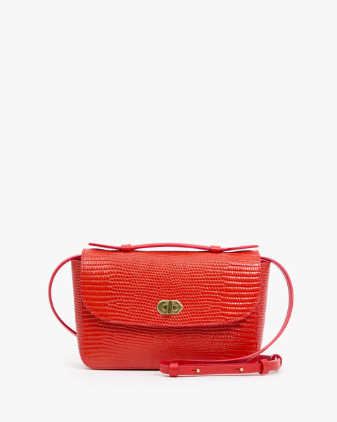 Clare V Kathryn Bag in Red Embossed Lizard - Women's Italian Embossed Leather Foldover Bag with Turnlock Closure, Adjustable Crossbody Strap and Top Handle