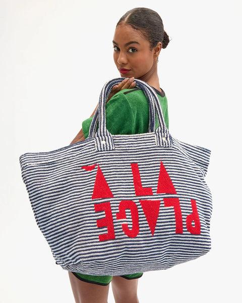Clare V La Plage Tote in Deep Dive with Cream A La Plage - Oversized Terry Cloth Beach Tote Bag with Open Top