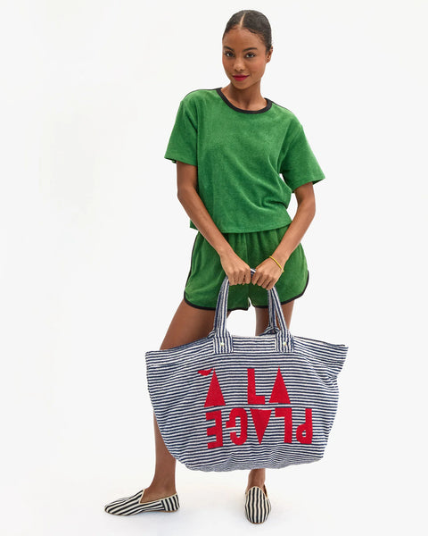 Clare V La Plage Beach Tote - Side View Showing Spacious Interior and Cream A La Plage Terry Detail
