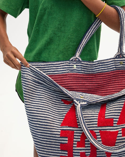 Clare V La Plage Tote Deep Dive Blue - Close-Up of Terry Cloth Texture Showing Towel-Like 100% Cotton Fabric