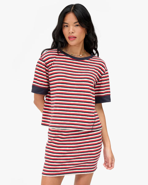 Clare V Le Bateau Tee in Navy, Cherry Red and Cream Stripe - Women's Relaxed Cropped Cotton Breton Stripe Tee with Ribbed Cuffs