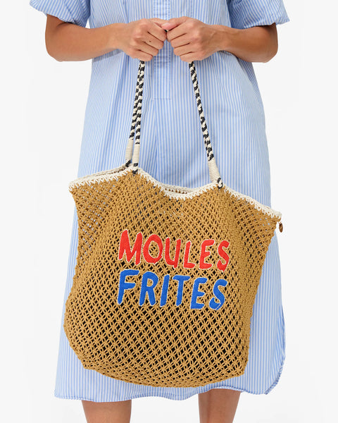 Clare V L'ete Tote in Tan Moules Frites - Women's Summer Crocheted Cotton Rope Tote with Nappa Leather-Wrapped Strap