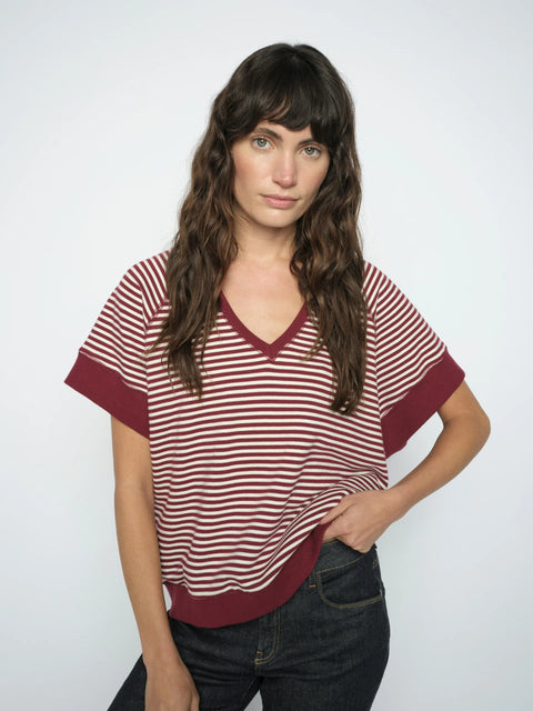 Mos Mosh Holt Stripe V Neck Sweatshirt | Cabernet