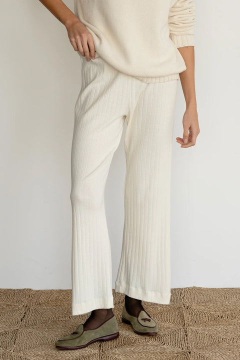 Cream cropped, cotton Lounge pant in Pointelle, easy elastic waistband and a cropped silhouette