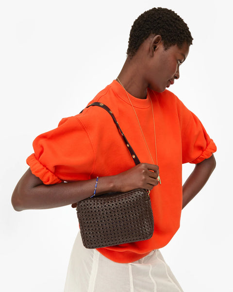 Clare V Midi Sac chocolate rattan styled as a day bag – designer woven leather crossbody for phone, keys and wallet