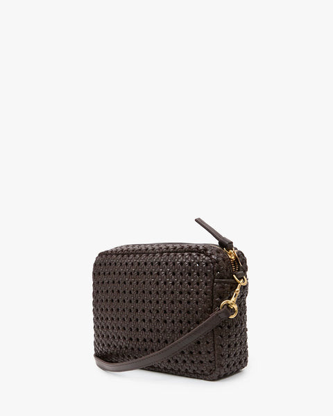 Clare V Midi Sac in Chocolate Rattan – compact rectangular woven leather crossbody bag with detachable strap, 7.5" x 5.5" x 2.5"