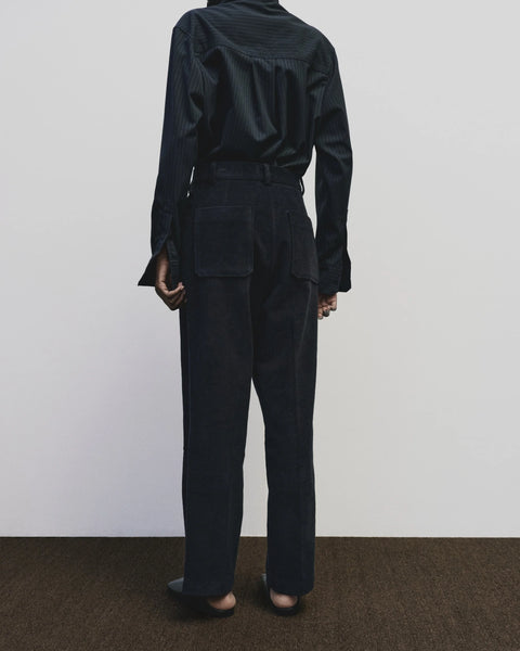 Asymmetric Striped collar Shirt in navy by Mijeong Park. exaggerated funnel neck and asymmtrical button front - big and baggy oversized fit