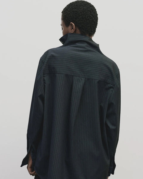 Asymmetric Striped collar Shirt in navy by Mijeong Park. exaggerated funnel neck and asymmtrical button front - big and baggy oversized fit