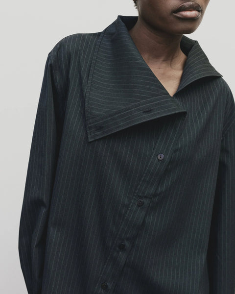 Asymmetric Striped collar Shirt in navy by Mijeong Park. exaggerated funnel neck and asymmtrical button front - big and baggy oversized fit