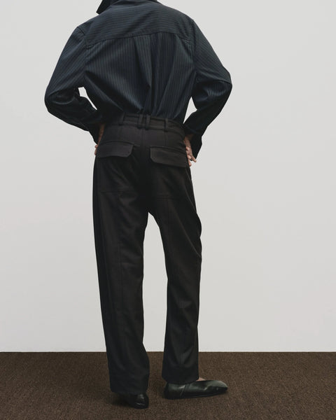Asymmetric Striped collar Shirt in navy by Mijeong Park. exaggerated funnel neck and asymmtrical button front - big and baggy oversized fit