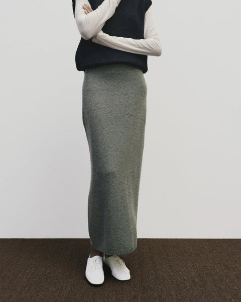 Merino cashmere long skirt in grey, elastic waist, back slit, straight fit by Mijeong Park