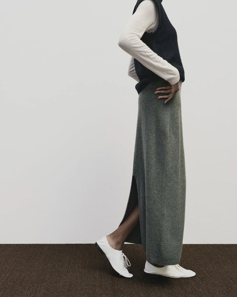 Merino cashmere long skirt in grey, elastic waist, back slit, straight fit by Mijeong Park