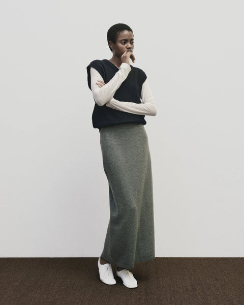 Merino cashmere long skirt in grey, elastic waist, back slit, straight fit by Mijeong Park