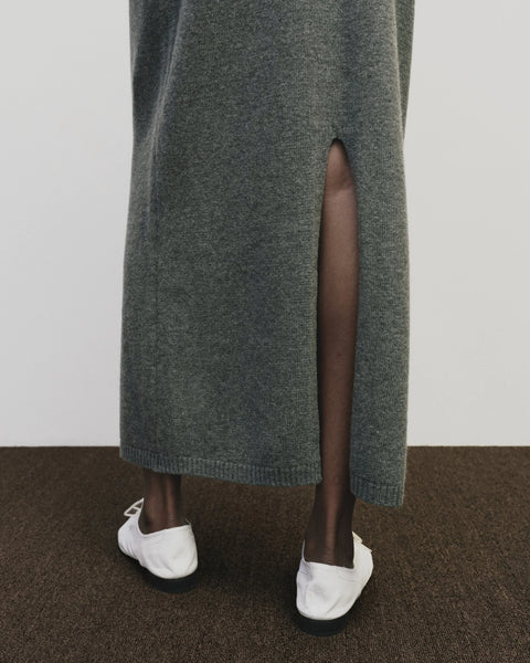 Merino cashmere long skirt in grey, elastic waist, back slit, straight fit by Mijeong Park