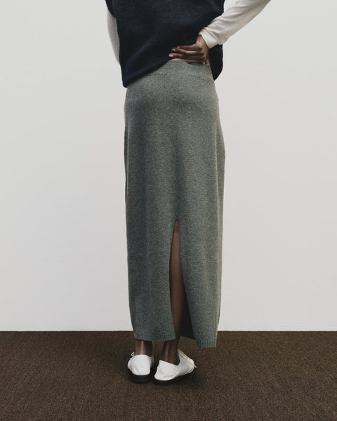 Merino cashmere long skirt in grey, elastic waist, back slit, straight fit by Mijeong Park