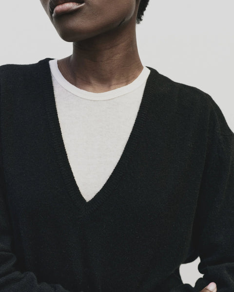 merino wool, blended with a touch of cashmere for an extra-luxe fabric, relaxed fit, v-neck, long sleeve sweater ribbed trim. Mijeong Park Cashmere sweater in black