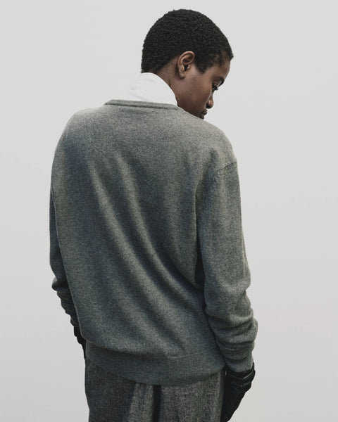 merino wool, blended with a touch of cashmere for an extra-luxe fabric, relaxed fit, v-neck, long sleeve sweater ribbed trim