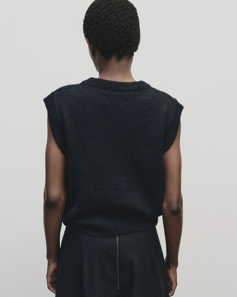 Classic sweater vest, in a relaxed oversized fit, wool blend, V neck with ribbed trims. Mijeong Park Wool Blend V-Neck Vest in Navy