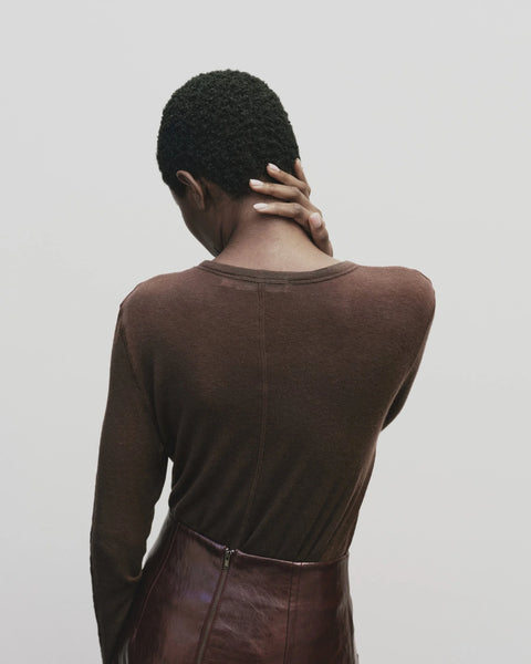 Wool blend sweater knit top for women, soft and light fabric. Tighter fit wit wide neckline, in brown by Mijeong Park