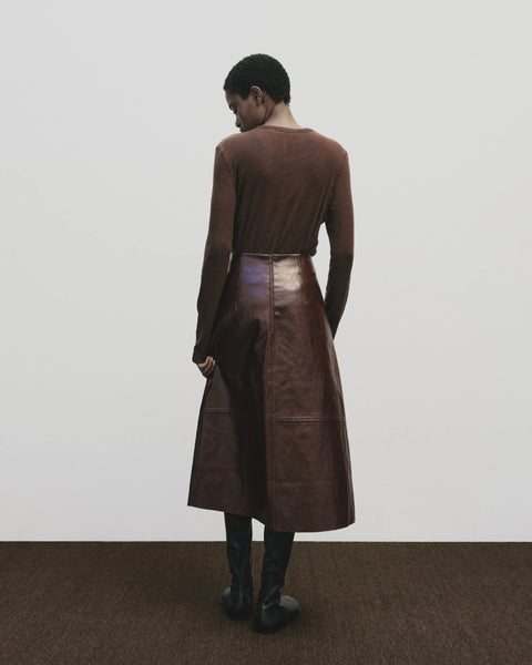 Wool blend sweater knit top for women, soft and light fabric. Tighter fit wit wide neckline, in brown by Mijeong Park