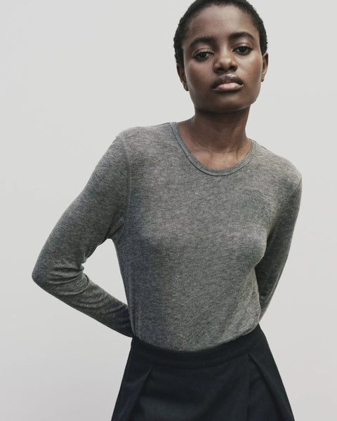 Wool blend sweater knit top for women, soft and light fabric. Tighter fit wit wide neckline, in grey by Mijeong Park