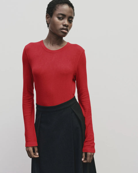 Wool blend sweater knit top for women, soft and light fabric. Tighter fit wit wide neckline, in red by Mijeong Park