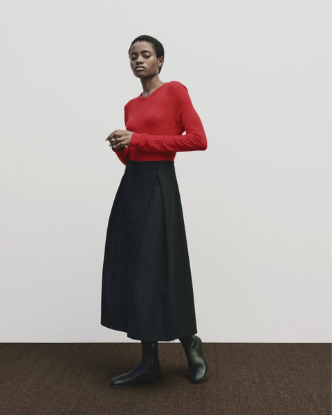 Wool blend sweater knit top for women, soft and light fabric. Tighter fit wit wide neckline, in red by Mijeong Park
