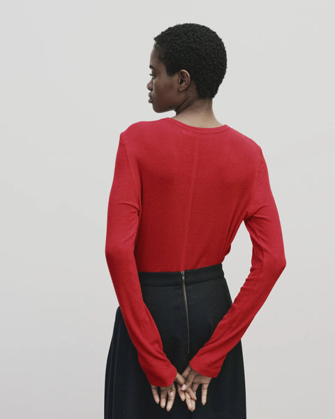 Wool blend sweater knit top for women, soft and light fabric. Tighter fit wit wide neckline, in red by Mijeong Park