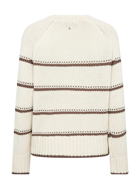 A regular-fit, long-sleeve crewneck knit sweater by Mos Mosh, crafted from 100% organic cotton and featuring a timeless nautical-inspired horizontal stripe pattern with ribbed trim.