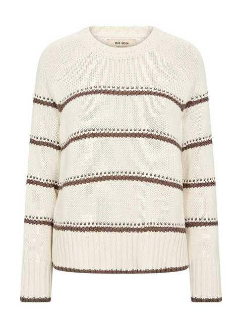 A regular-fit, long-sleeve crewneck knit sweater by Mos Mosh, crafted from 100% organic cotton and featuring a timeless nautical-inspired horizontal stripe pattern with ribbed trim.