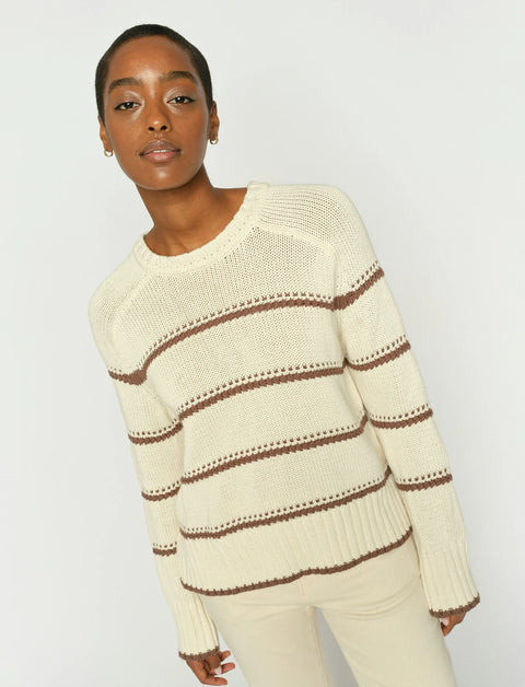 A regular-fit, long-sleeve crewneck knit sweater crafted from 100% organic cotton, featuring a timeless nautical-inspired horizontal stripe pattern and ribbed trim.