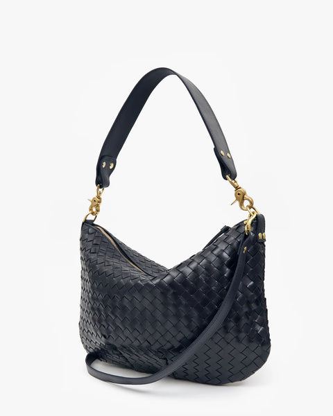 Clare V Moyen Messenger Twilight Navy Diagonal Woven - front view of navy handwoven leather crescent bag