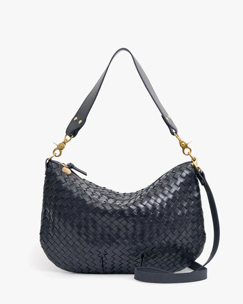 Clare V Moyen Messenger Navy Diagonal Woven - close-up of handwoven navy leather texture and zip hardware