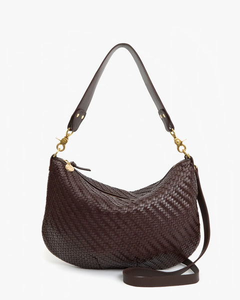 Clare V Moyen Messenger Chocolate Zig-Zag – front zip top view showing geometric woven pattern