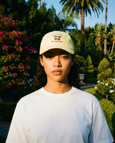 On Vacation Pastel Yellow Cherry Cap - Front View Showing Soft Yellow Cotton Cap and Structured Brim
