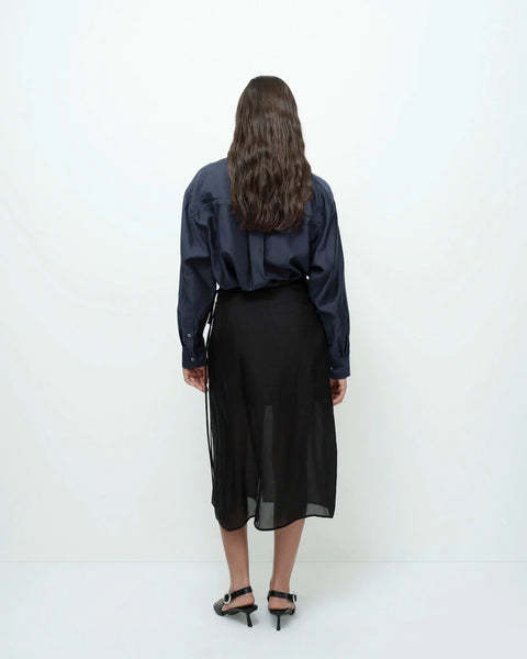 Black wrap skirt full back view sheer organza overlay