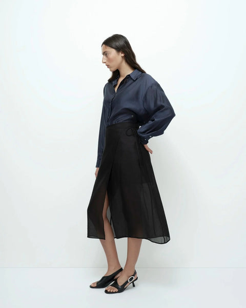 Black organza wrap skirt side view midi length flowy fit