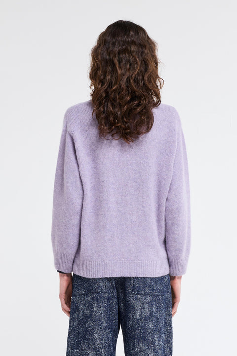 V neck cardigan in light purple, made by Our Sister. Wool Cardigan, womens. 4 button, relaxed fit.