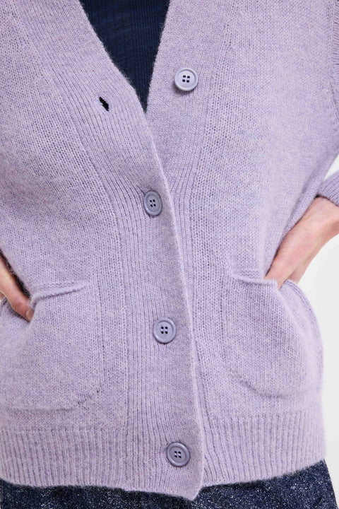 V neck cardigan in light purple, made by Our Sister. Wool Cardigan, womens. 4 button, relaxed fit.